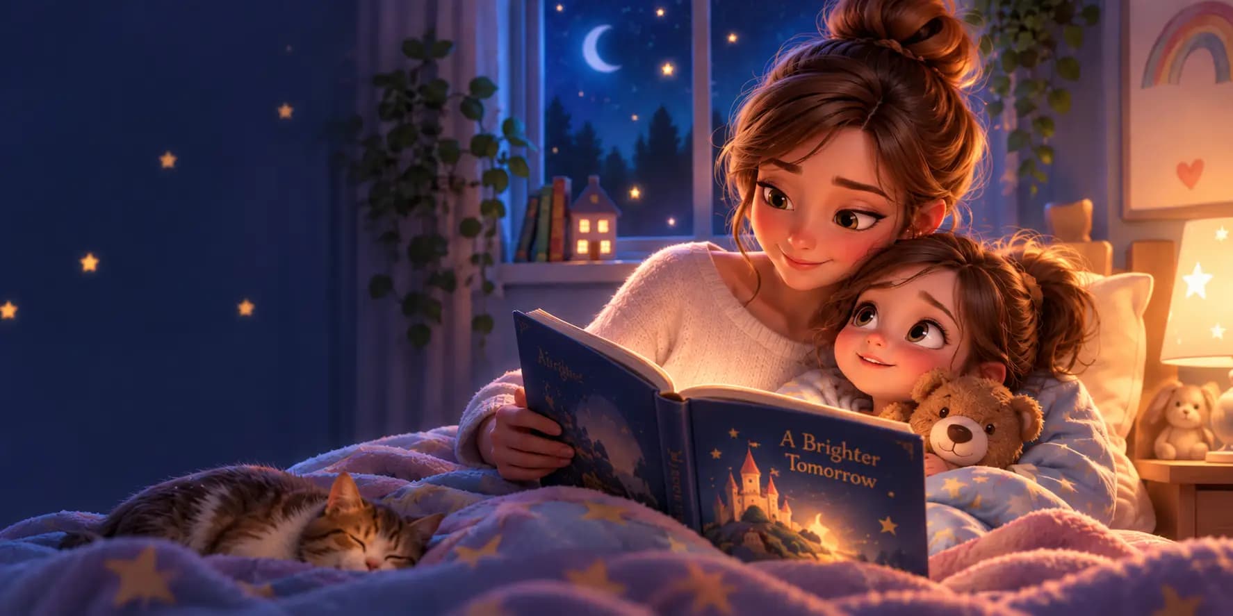 A mother and child sharing a bedtime story, with a teddy bear and a sleeping cat.